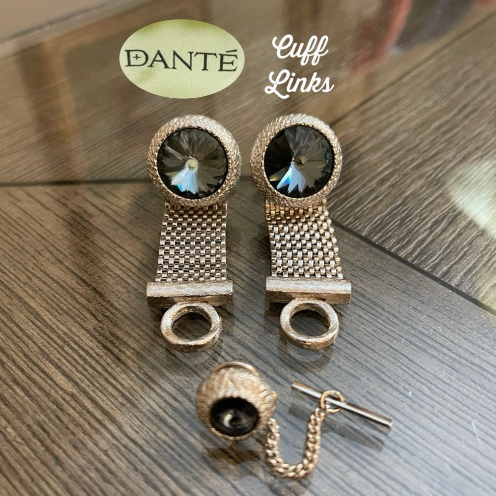 Vintage Silver-tone DANTE Bold Frame Blue Rivoli Glass Stone Mesh Wrap Cufflinks